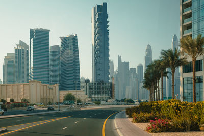 View of city buildings against clear sky. united arab emirates. dubai city view highway.