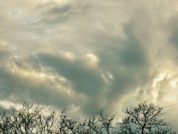 Low angle view of bare trees against cloudy sky