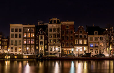 Reflection of buildings in city at night