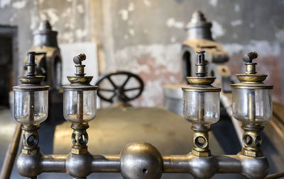 Close-up of metallic equipment at factory