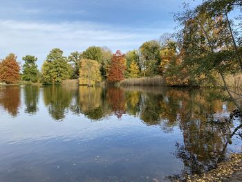 Scenic view of lake against sky during autumn