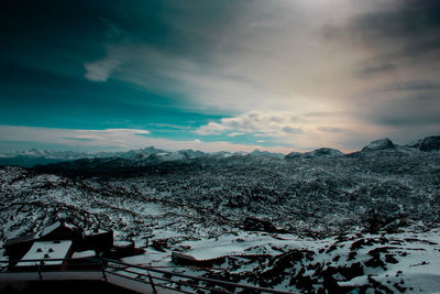 Scenic view of snowcapped mountains against sky during sunset