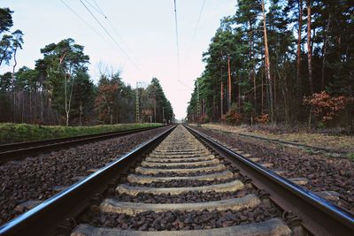 Railroad track on field amidst trees against sky