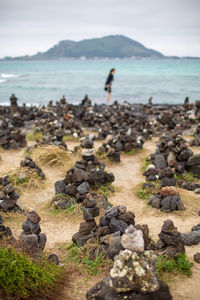 Rocks on beach against sky