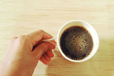 Close-up of hand holding coffee cup on table