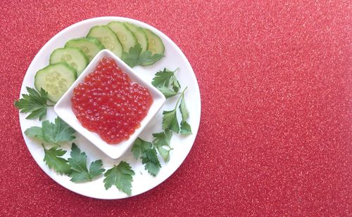 High angle view of salad in plate on table