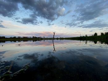 Scenic view of lake against sky during sunset