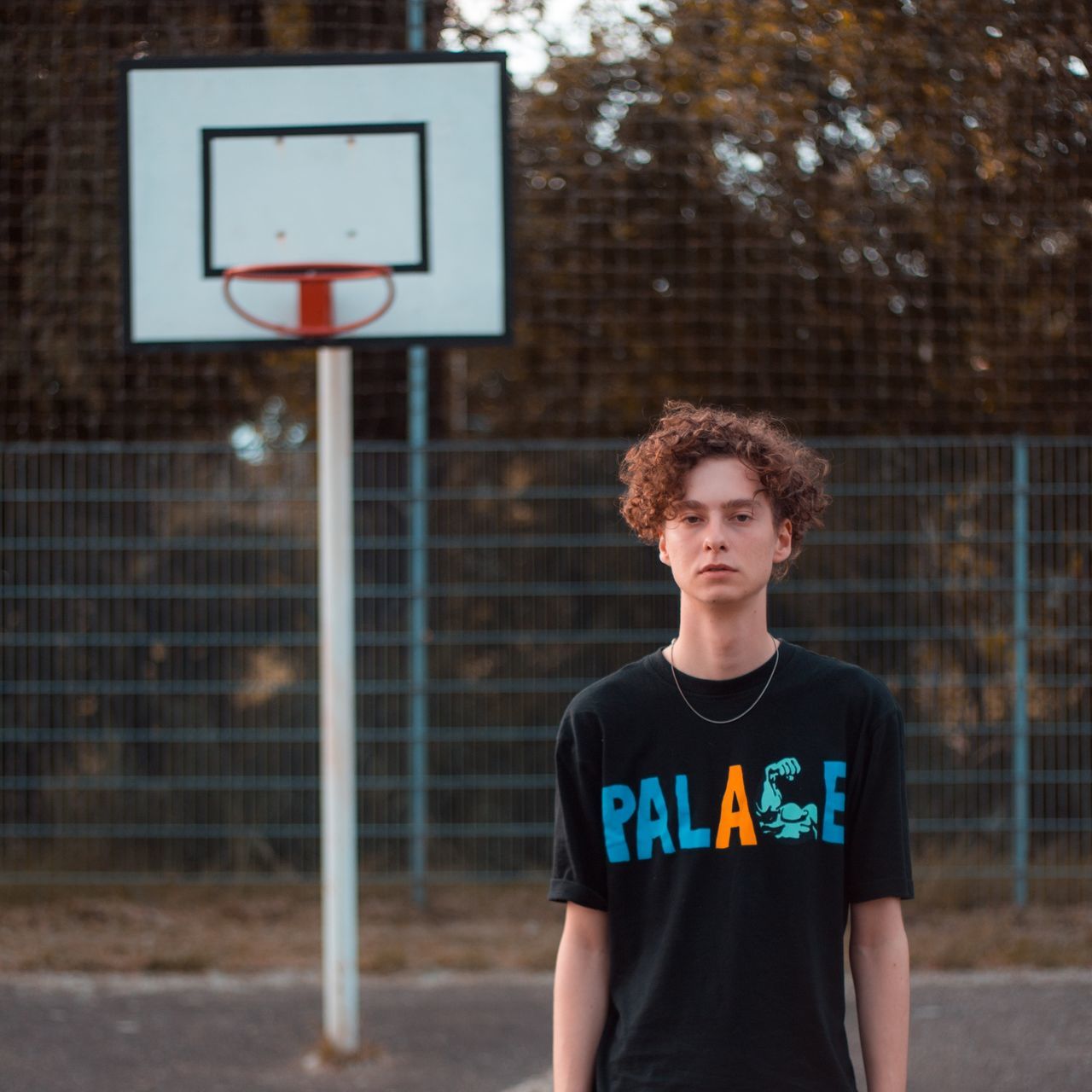 basketball - sport, basketball player, front view, sport, one person, basketball hoop, standing, curly hair, playing, sports uniform, looking at camera, court, one teenage boy only, outdoors, day, portrait, people, adult