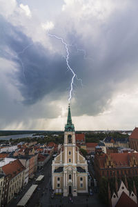 Aerial view of townscape against cloudy sky