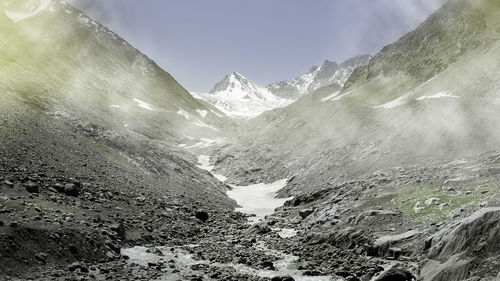 Scenic view of snow capped mountains against sky