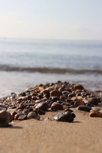 Close-up of pebbles on beach against sky