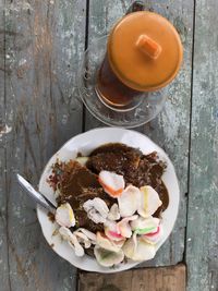 High angle view of dessert on table