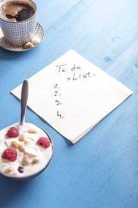 High angle view of text on table