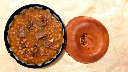 High angle view of bread in bowl on table