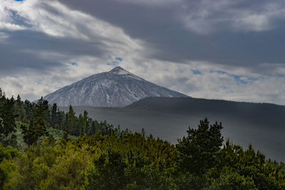 View of volcanic mountain against cloudy sky