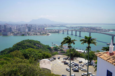 Aerial view of vitoria city with terceira ponte bridge, espirito santo, brazil