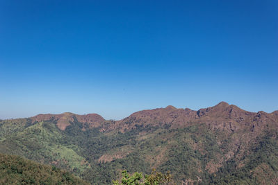 Scenic view of mountains against clear blue sky