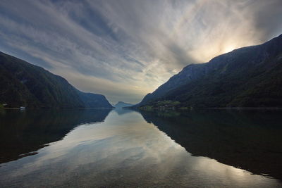 Scenic view of lake and mountains against sky