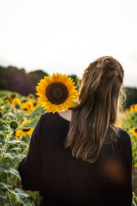 Rear view of woman with sunflower standing against sky