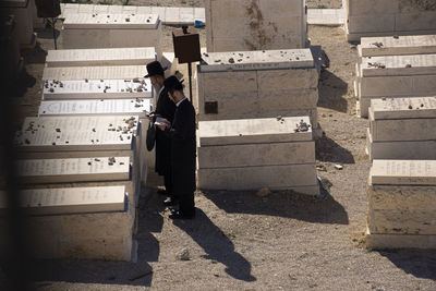 High angle view of man standing on wall