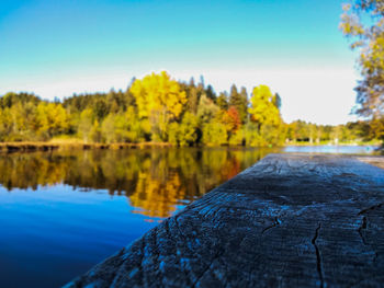 Scenic view of lake against clear blue sky