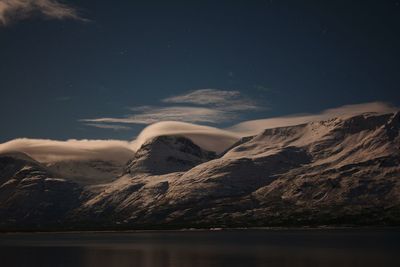 Scenic view of mountains against sky at night