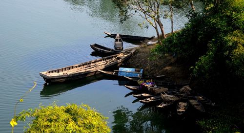 High angle view of abandoned boat moored on lake