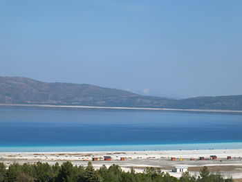 Scenic view of sea against clear blue sky