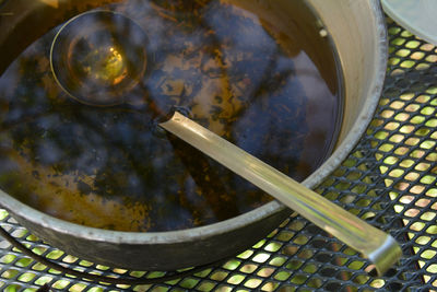High angle view of meat in container