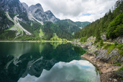 Scenic view of lake and mountains against sky