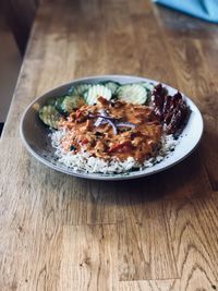 High angle view of food in bowl on table