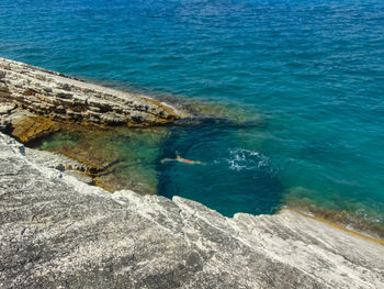 High angle view of rocks by sea