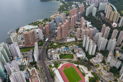 High angle view of buildings in city