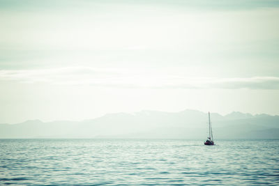 Sailboat sailing on sea against sky