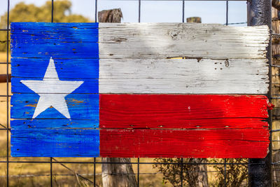 Close-up of flag on fence