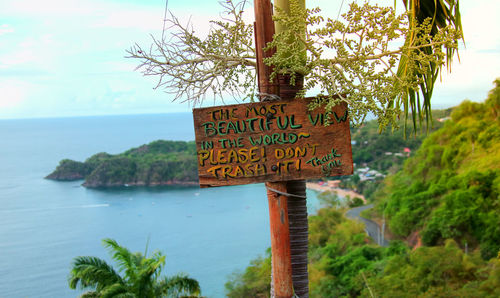 Close-up of information sign hanging on tree by sea against sky