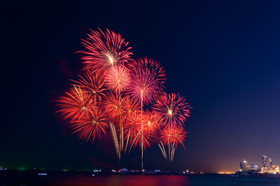 Low angle view of firework display over sea at night