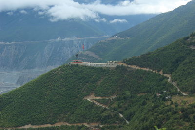 High angle view of landscape against mountains