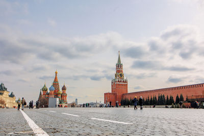 Panoramic view of moscow kremlin with spassky tower and saint basil's cathedral in center