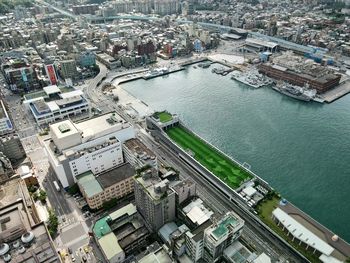 High angle view of buildings in city