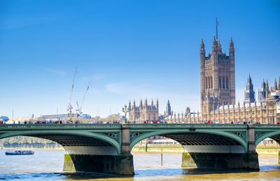 Bridge over river with buildings in background