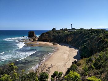 Scenic view of beach against clear blue sky