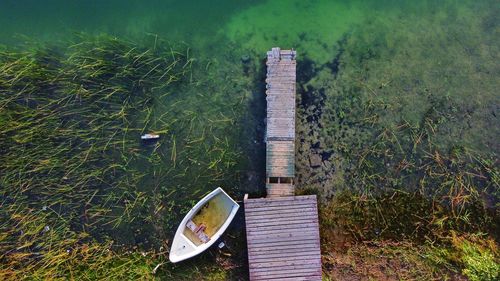 High angle view of nautical vessel on lake