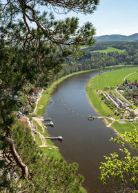 Scenic view of river amidst trees against sky