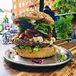 Close-up of burger in plate on table