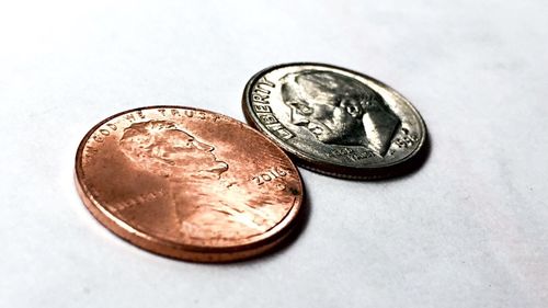Close-up of coins on table