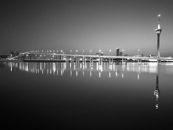 Illuminated city against clear sky at night