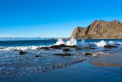 Scenic view of sea against clear blue sky