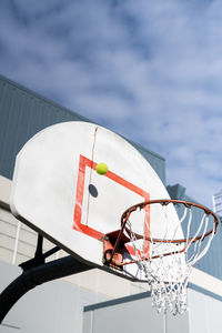 Tennis ball hitting backboard on basketball hoop under cloudy sky