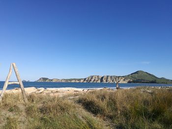 Scenic view of land against clear blue sky